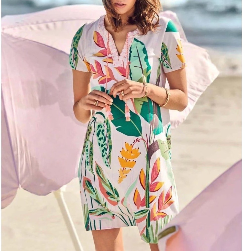 Spartina 449 Brielle Pink Lemonade Tropical Botanical Print Tassel Shift Dress